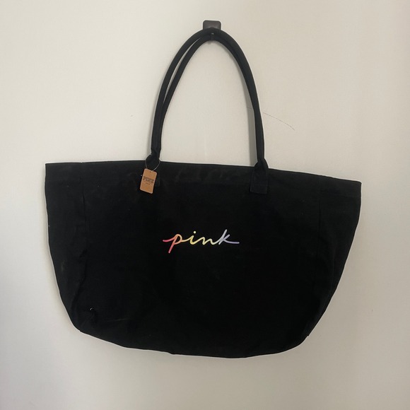 Victoria's Secret Pink Handbags - Victoria's Secret PINK Canvas Tote Bag Black Rainbow Logo‎ Large Duffel Travel